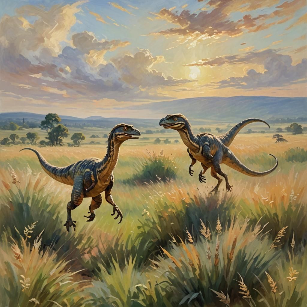 Velociraptors in Impressionist Landscape Painting