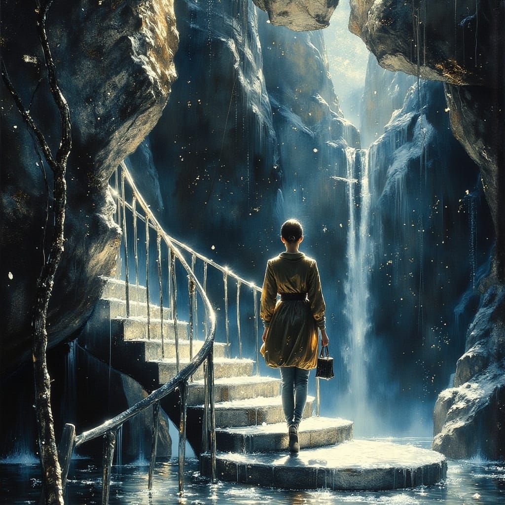 Woman Descends Deep Staircase in Metallic Palette