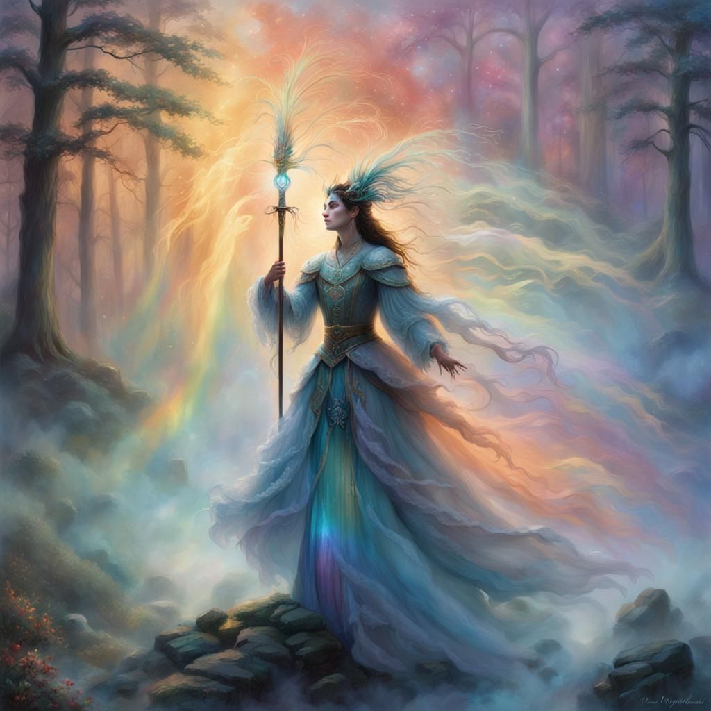 Ethereal Ritual Performer in Misty Forest