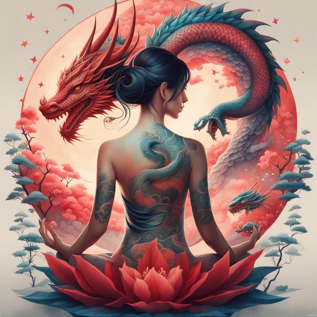 Dragon Tattoo Woman Meditating in Zen Garden: Digital Ink Pa...