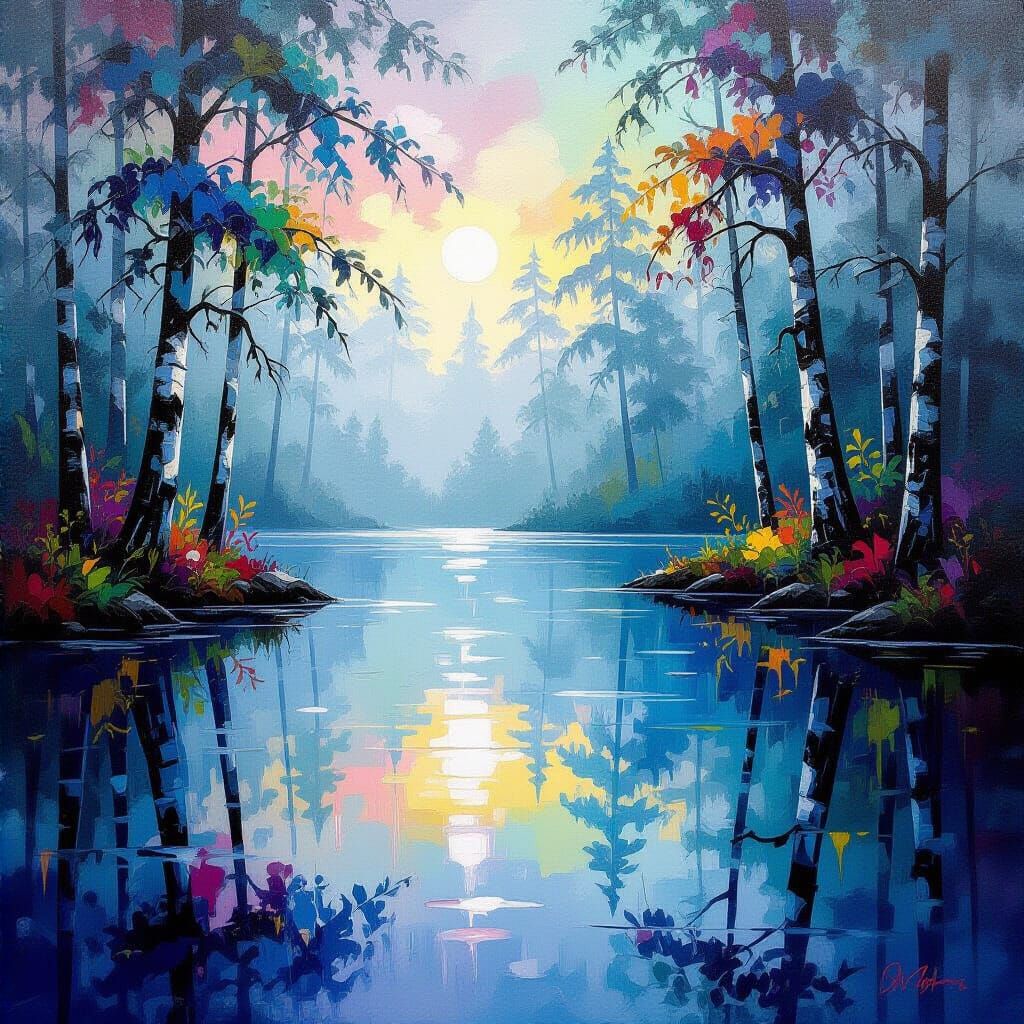 Ethereal Forest Lake with Graffiti Art in Mixed Media Style