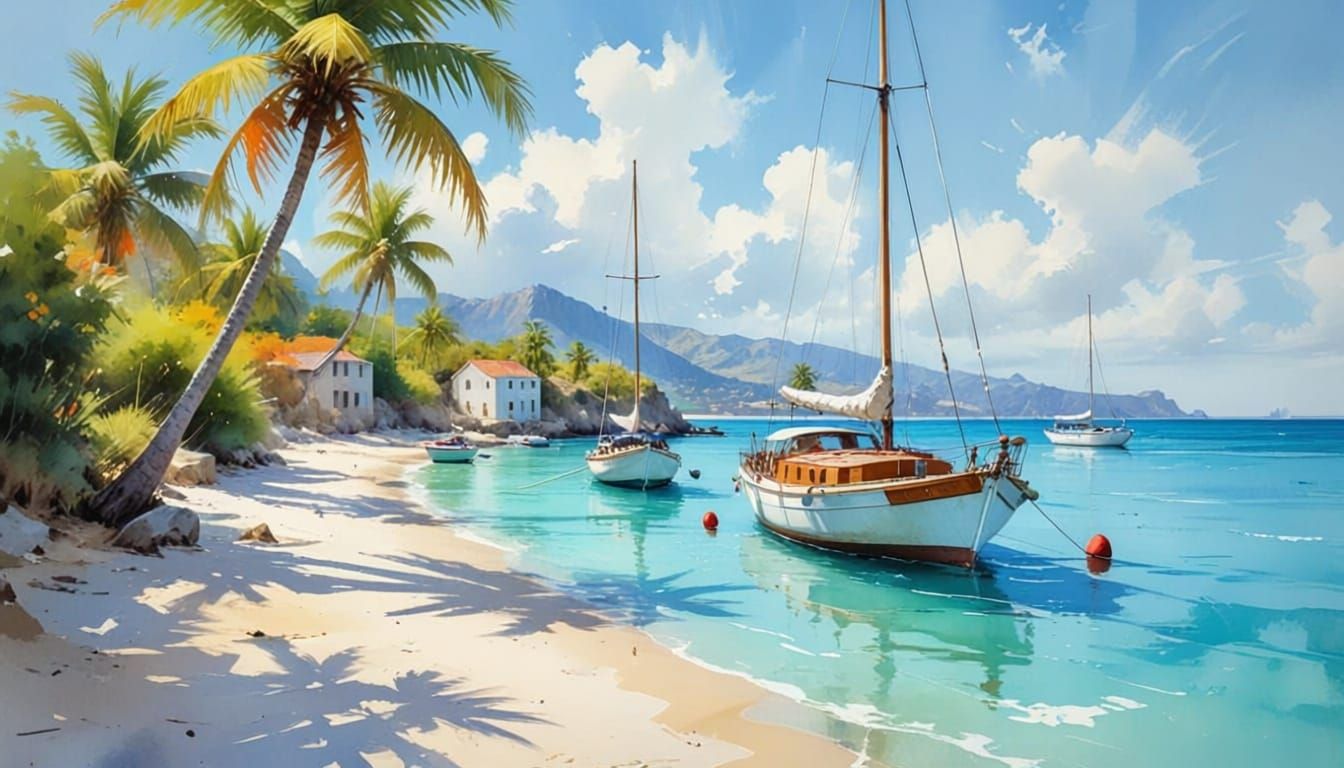 Hidden Cove with Sailing Yachts as Watercolor