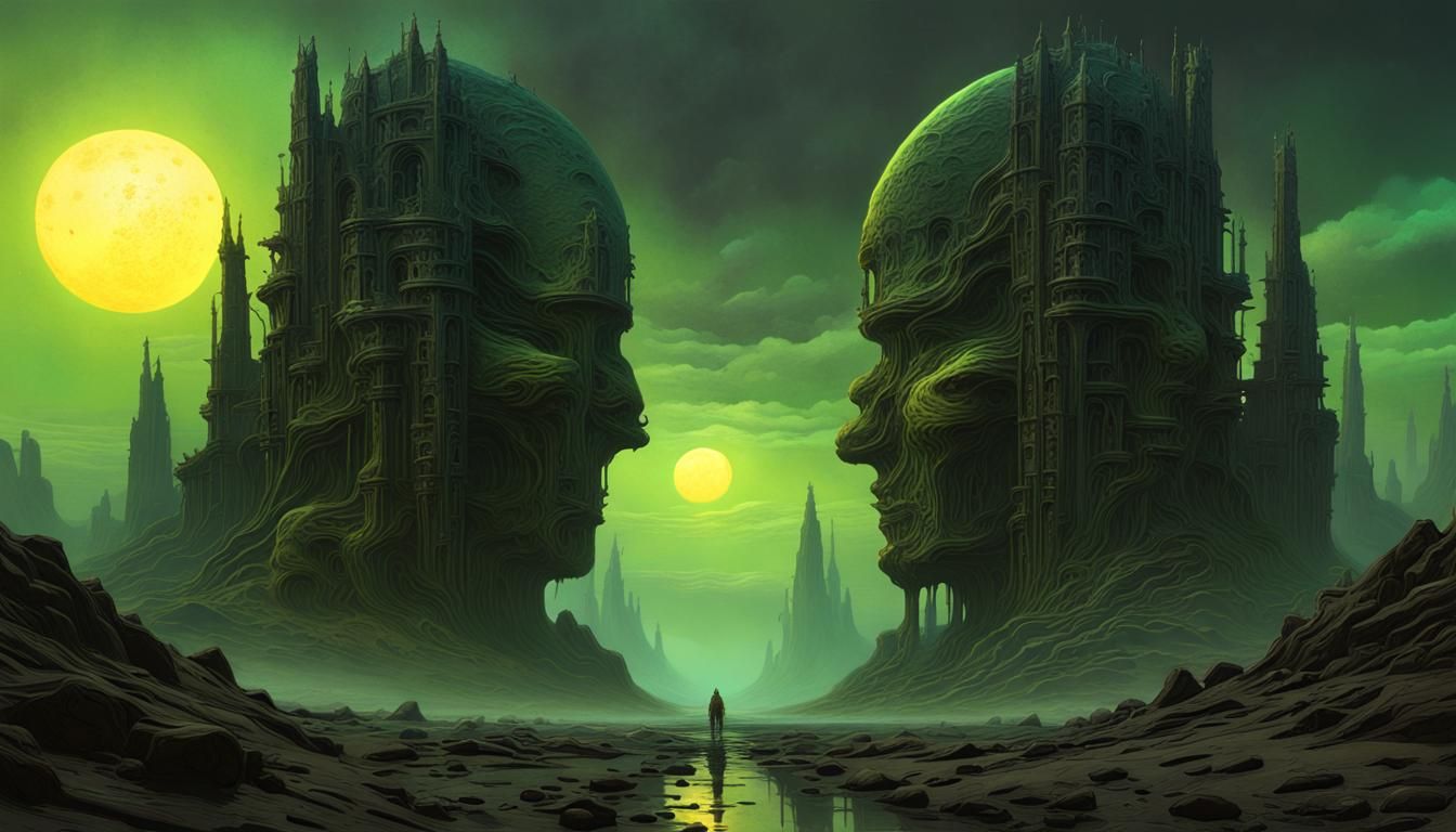 Surreal Dark Fantasy Landscape with Dual Suns