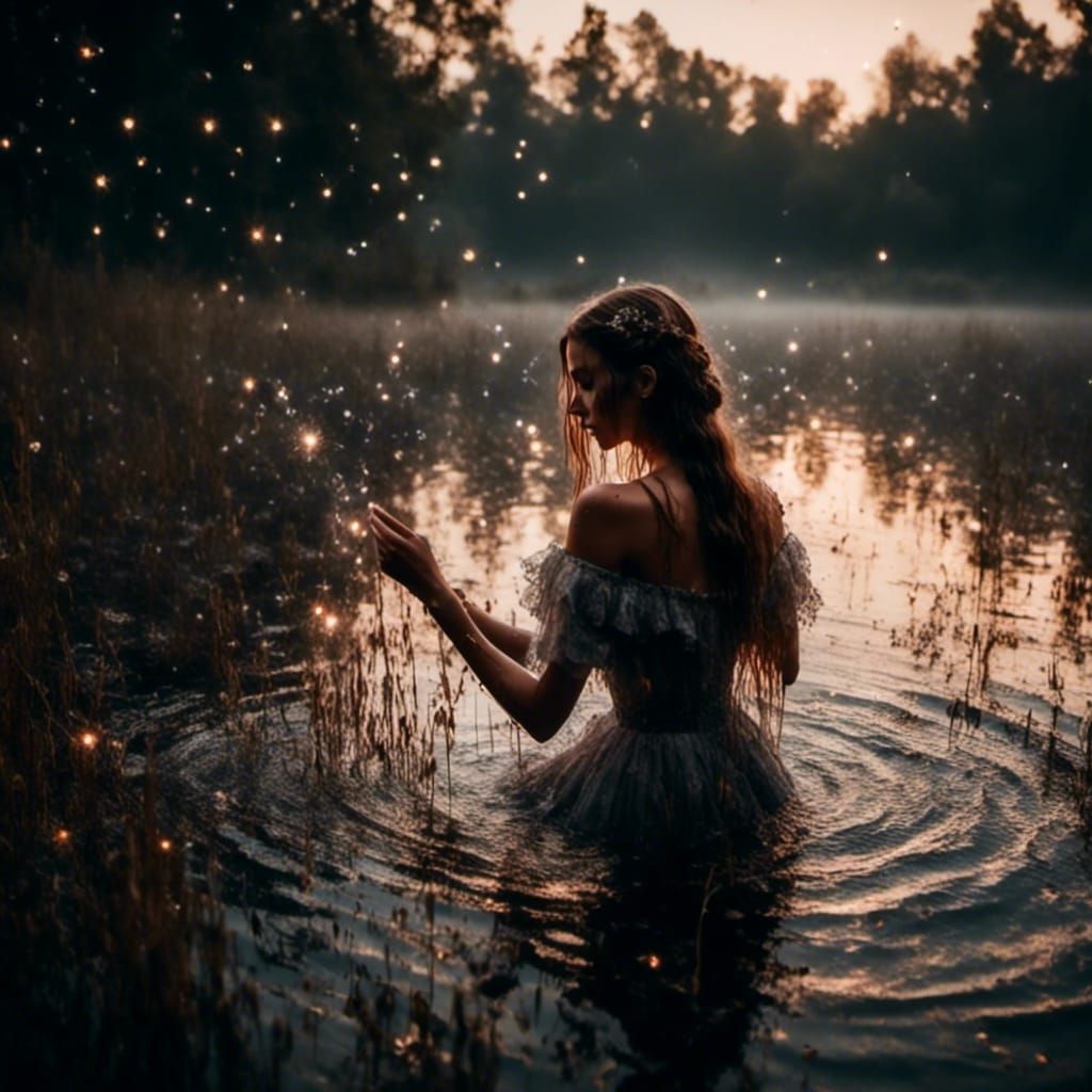 Eerie Moonlit Lake with Bather and Fireflies
