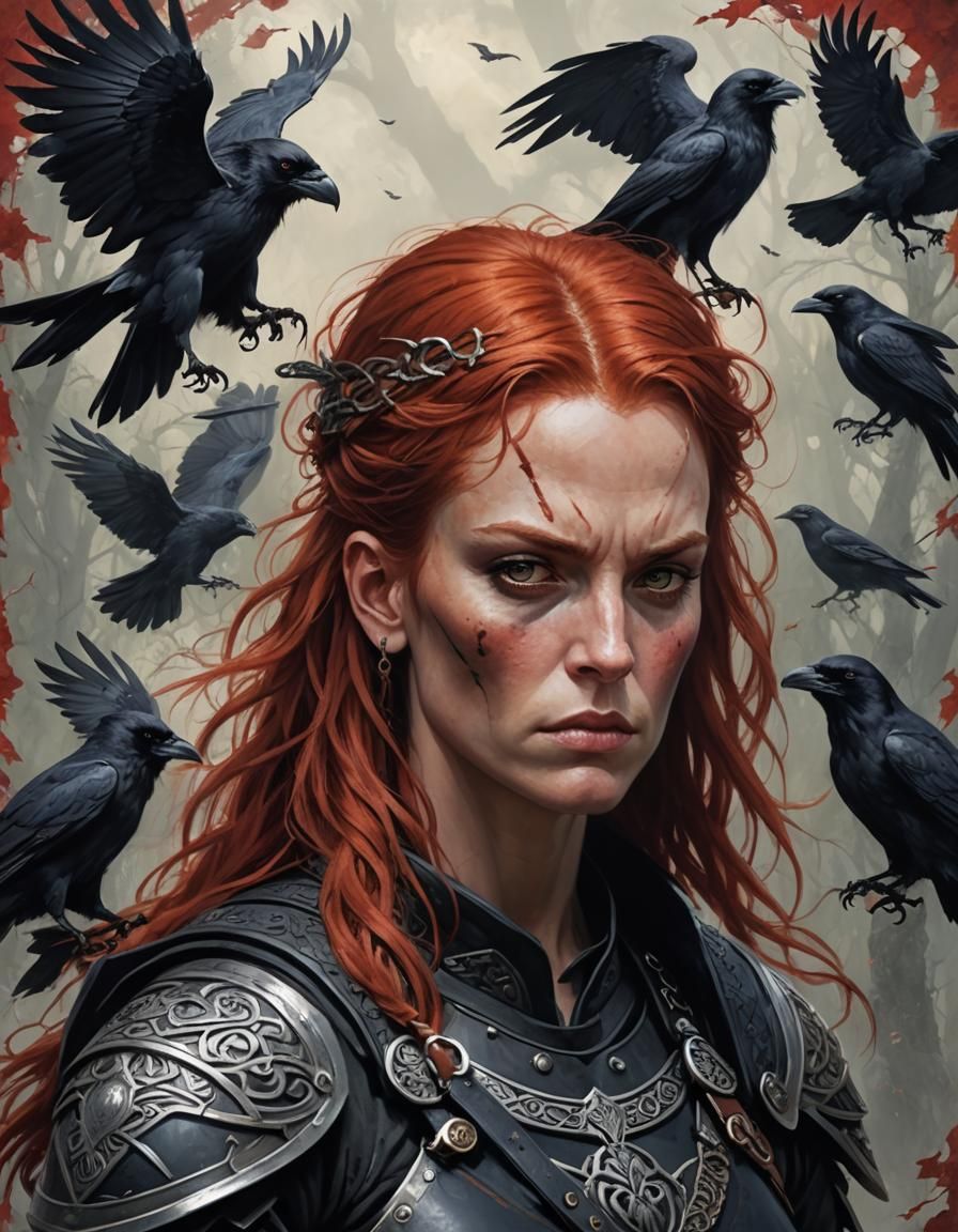 Celtic Warrior with Ravens in Dark Fantasy Style