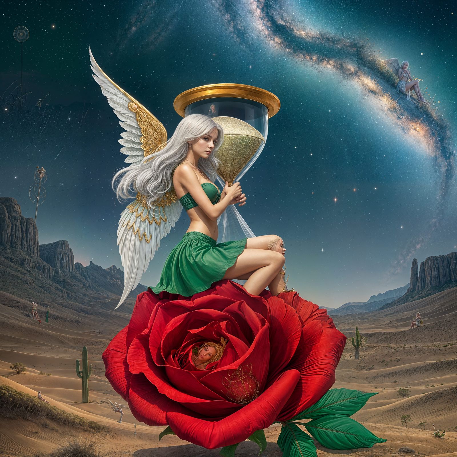 Angel Woman with Golden Wings on Desert Rose