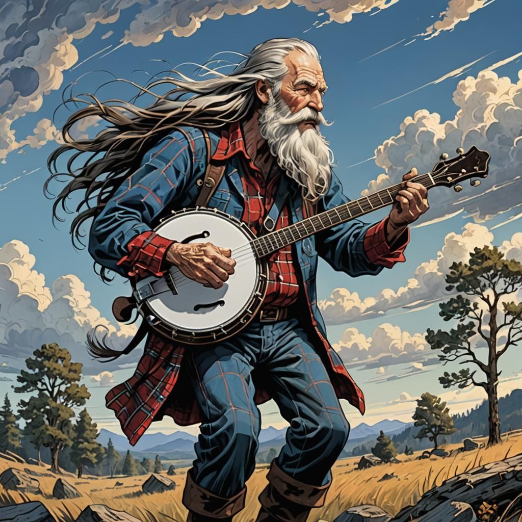 Old Man Plays Banjo on Windy Day as Comic Art