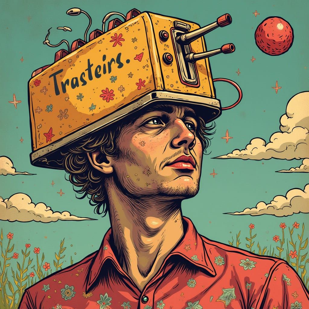 Surreal 1960s Psychedelic Illustration of a Man with a Growi...