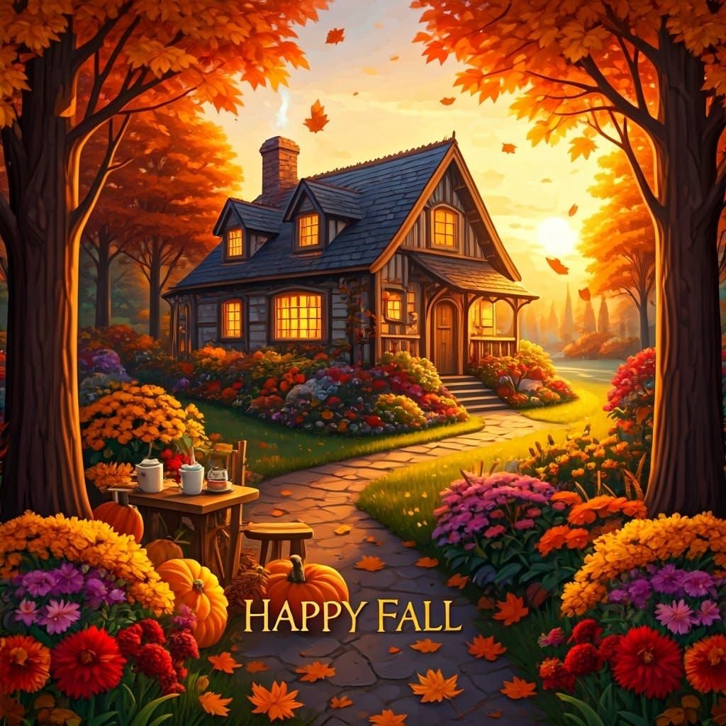 Autumn Cottage Scene with Golden Leaves and Greeting
