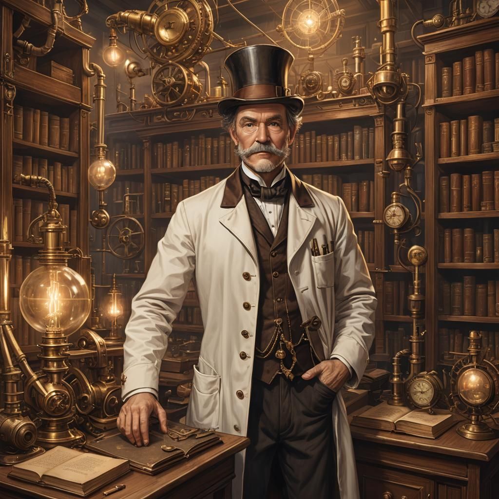 Phileas Fogg, in his laboratory, top hat and lab coat