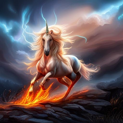 Hyperrealistic Fire Unicorn in Cinematic Lighting