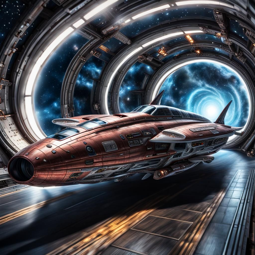 Hyperrealistic Starship Racer Navigating a Wormhole