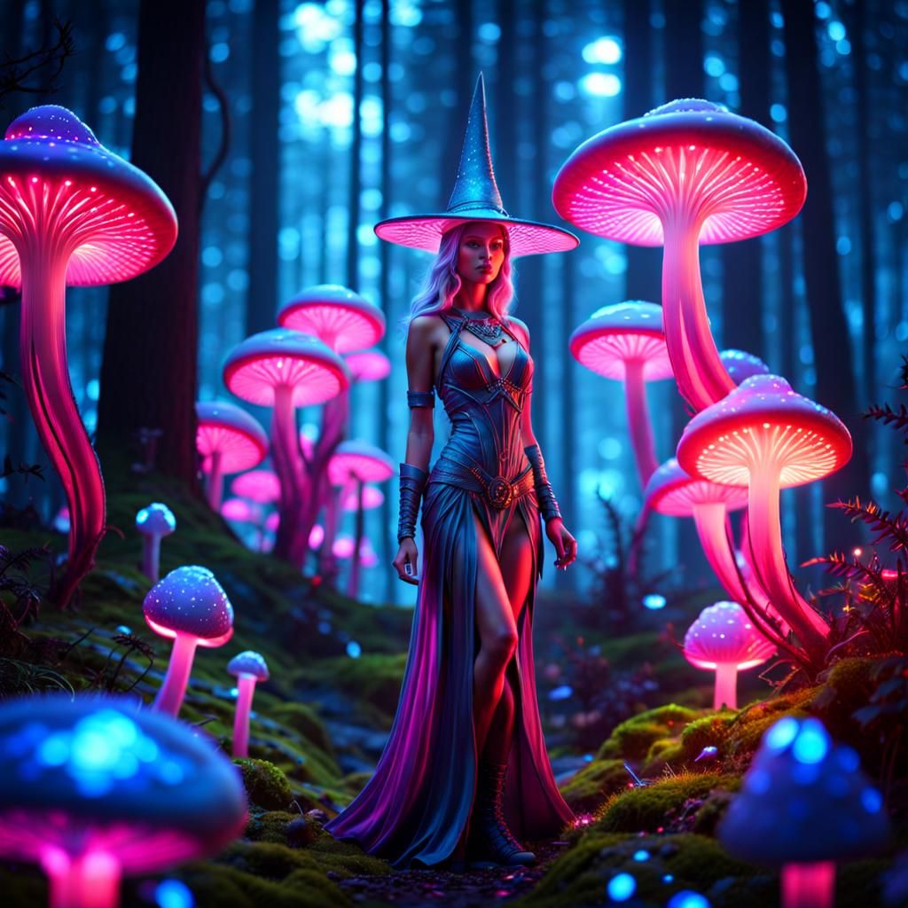 Cosmic Sorceress in Neon Forest, Galactic Art