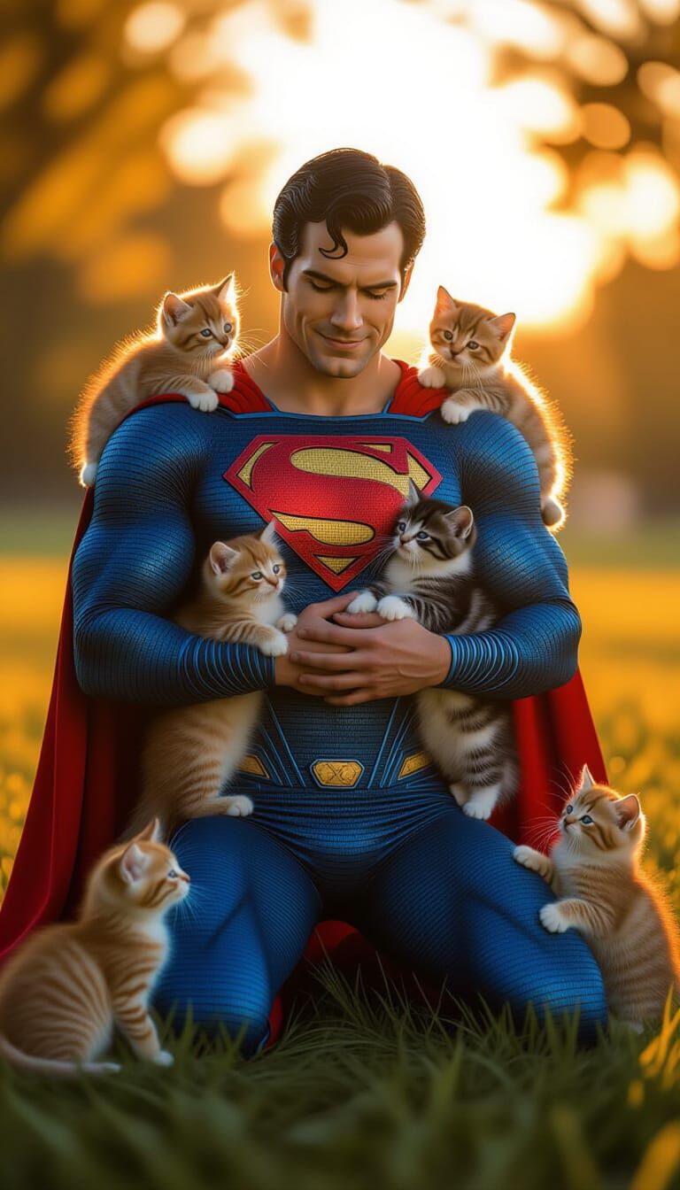 Superman Surrounded by Kittens in Golden Light