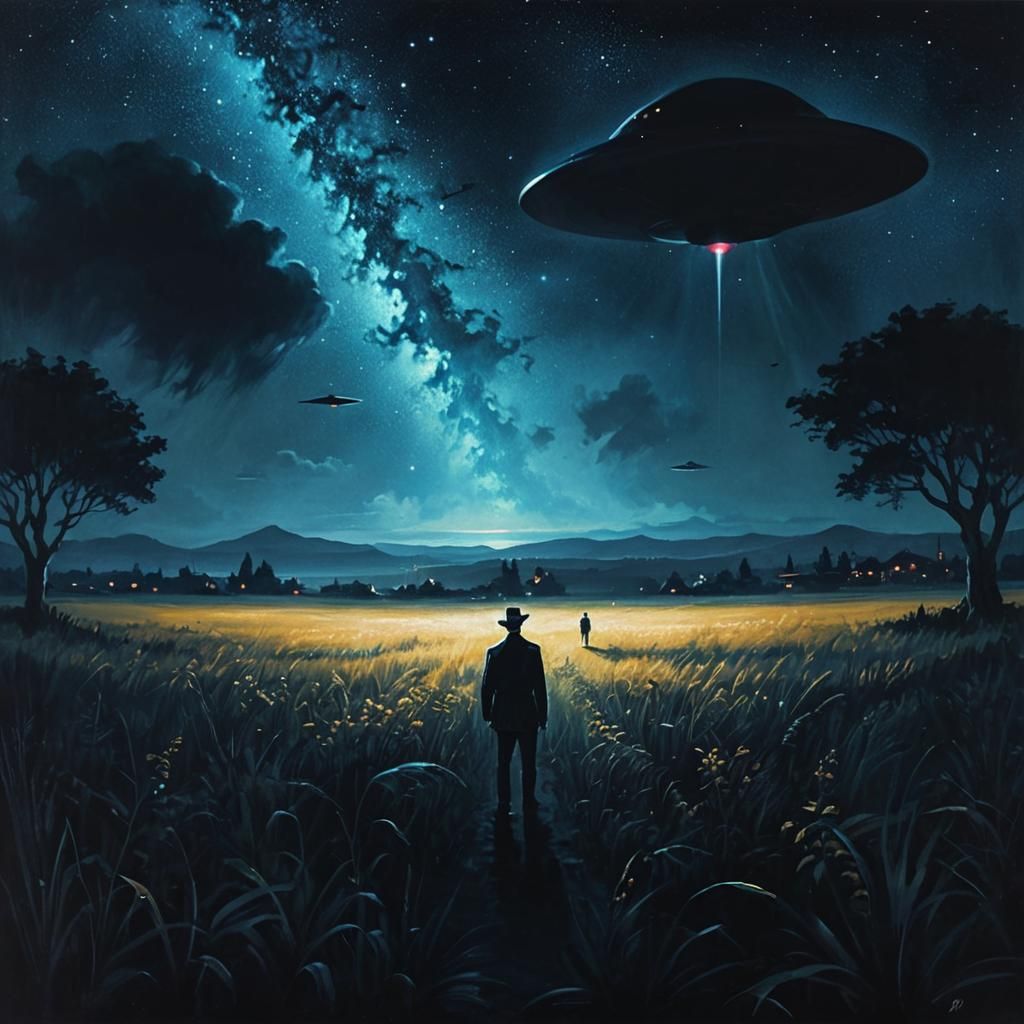 Noir Night Painting of UFO First Encounter