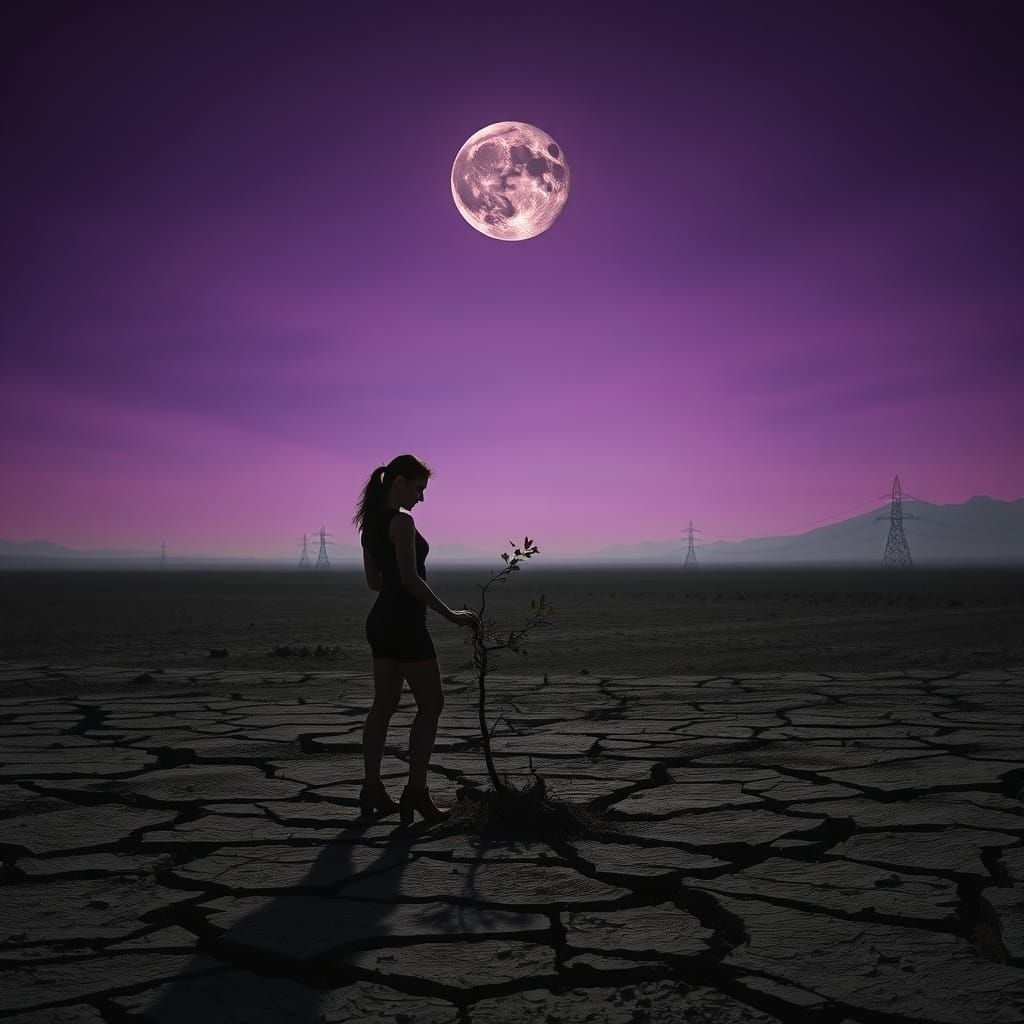 Post-Apocalyptic Woman and Sapling in Gritty Photorealism