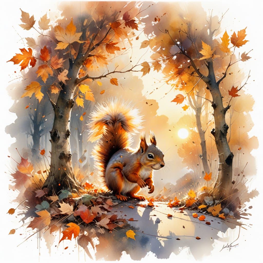 Squirrel in Autumn Leaves, Watercolor Summerscape
