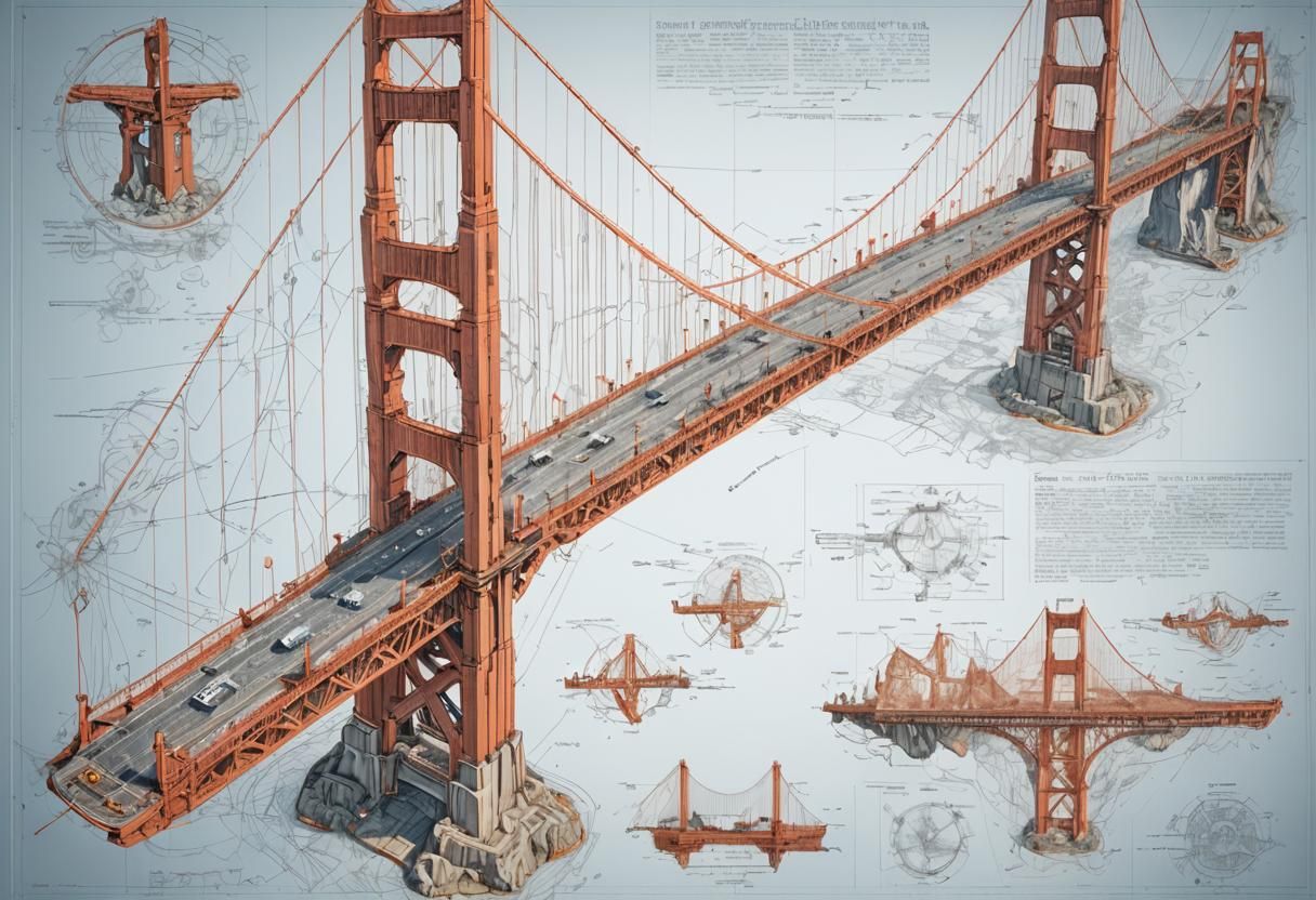 Surreal Scientific Blueprint of the Golden Gate Bridge