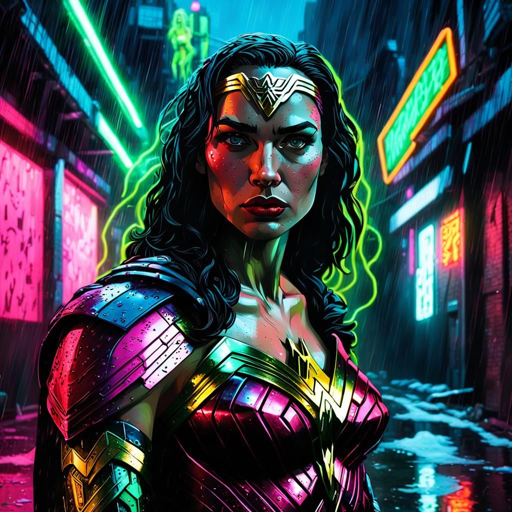 Cyberpunk Wonder Woman in Dark Alleyway