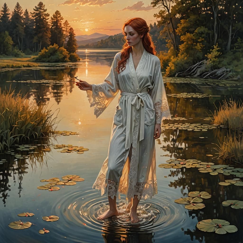 Woman in Lake at Sunset: Naturalistic Animal Painting
