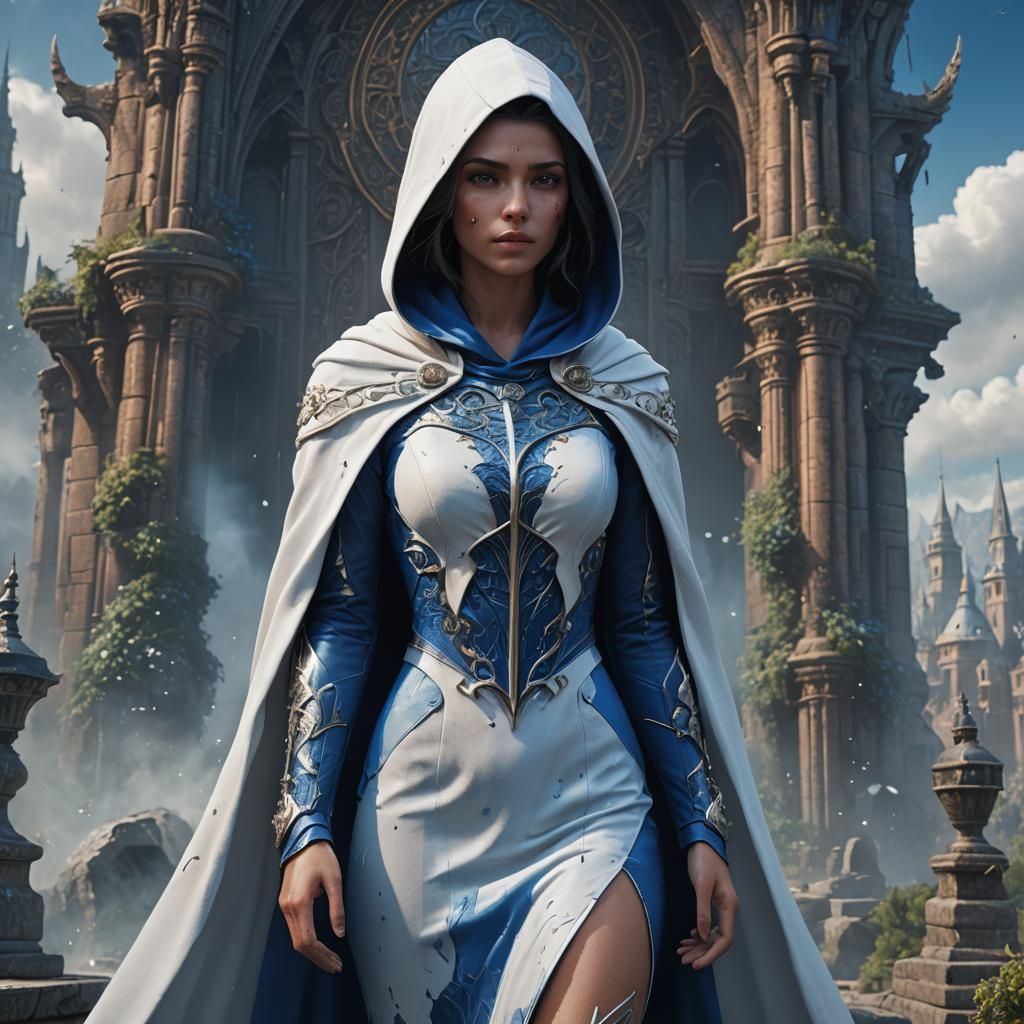 Blue Bodycon with White Hooded Cape: Matte Painting