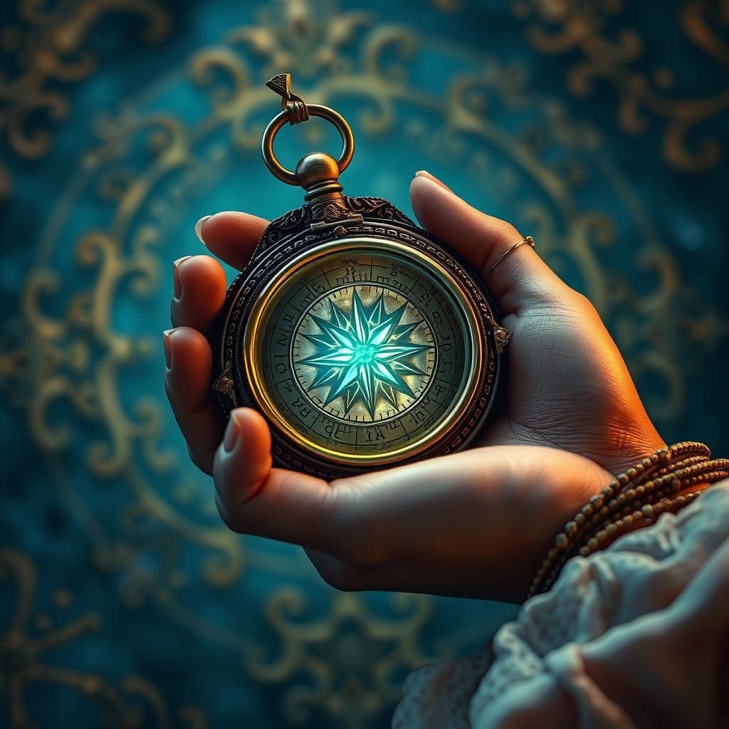 Mystical Woman Holds Glowing Compass in a Fantastical World