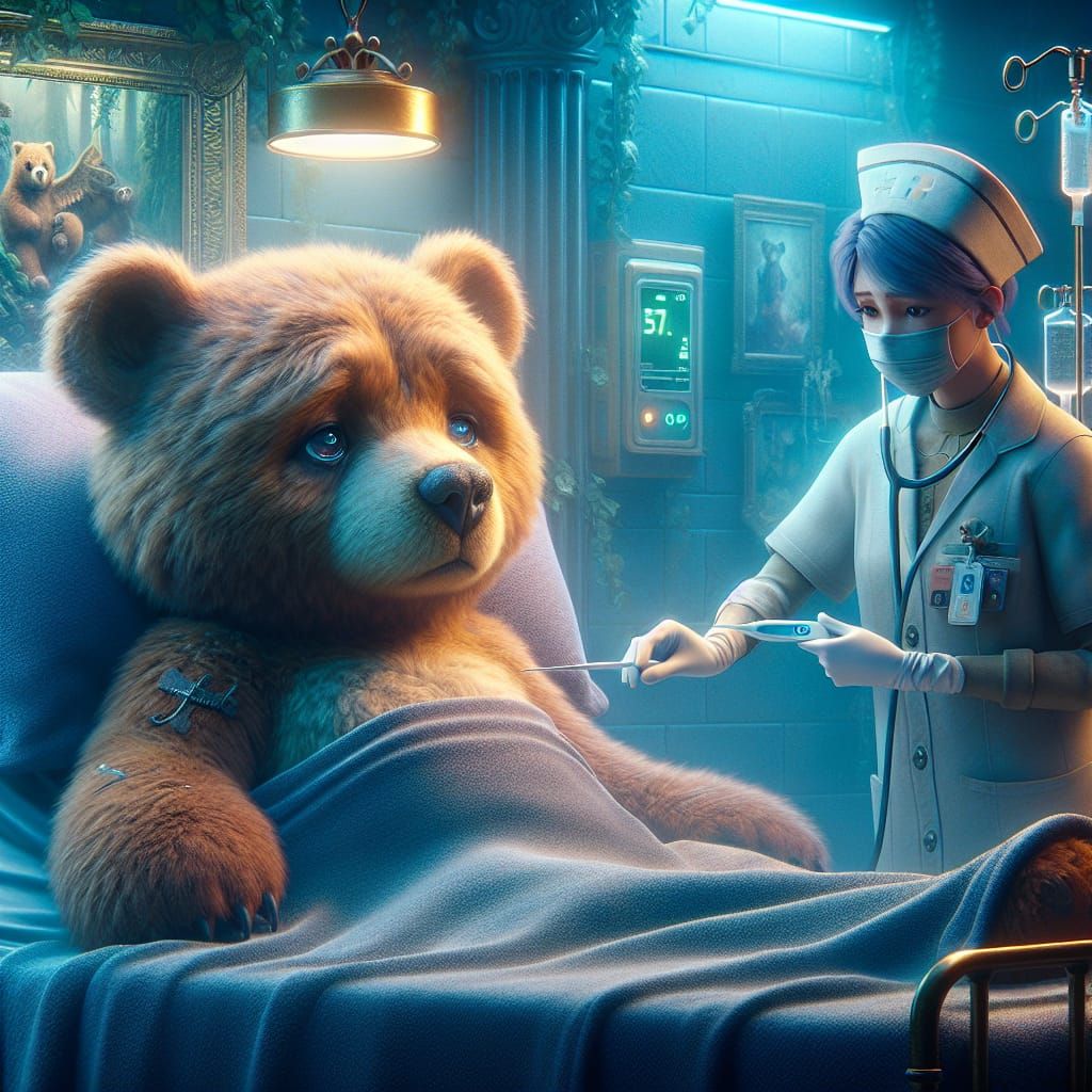Sad Bear in Hospital, Fantasy Concept Art