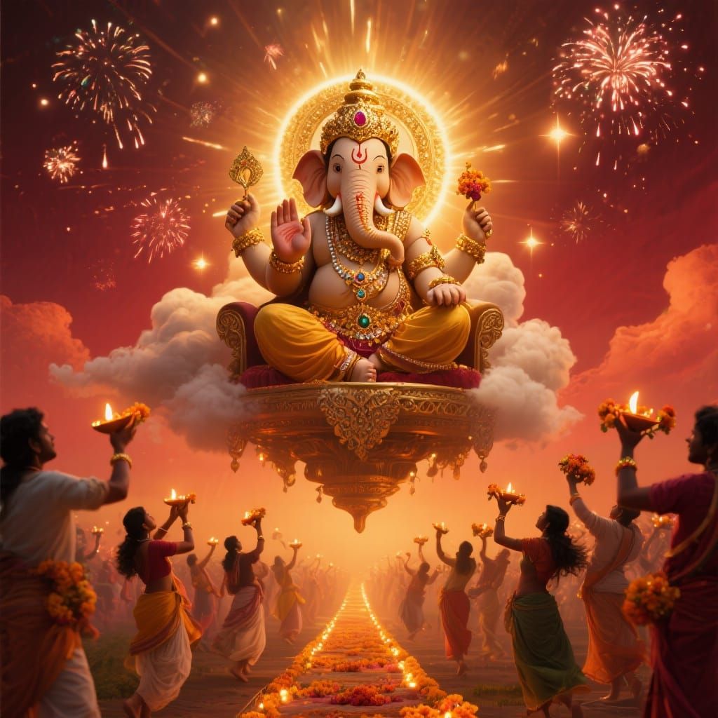 Ganapati Bappa on Celestial Throne with Divine Light