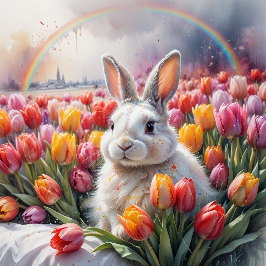 Bunny in Tulips with Rainbow, in Watercolour Style