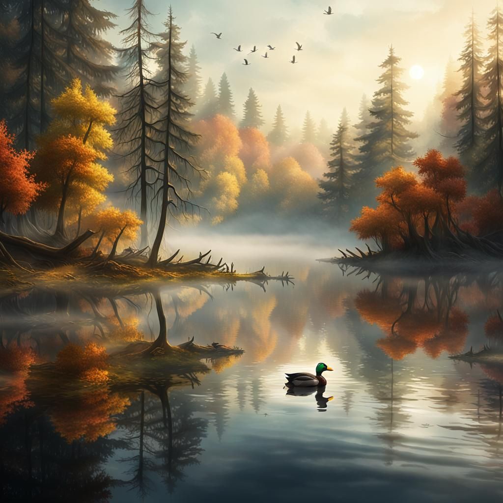 Woodland Duck in Autumn Fog: Digital Art