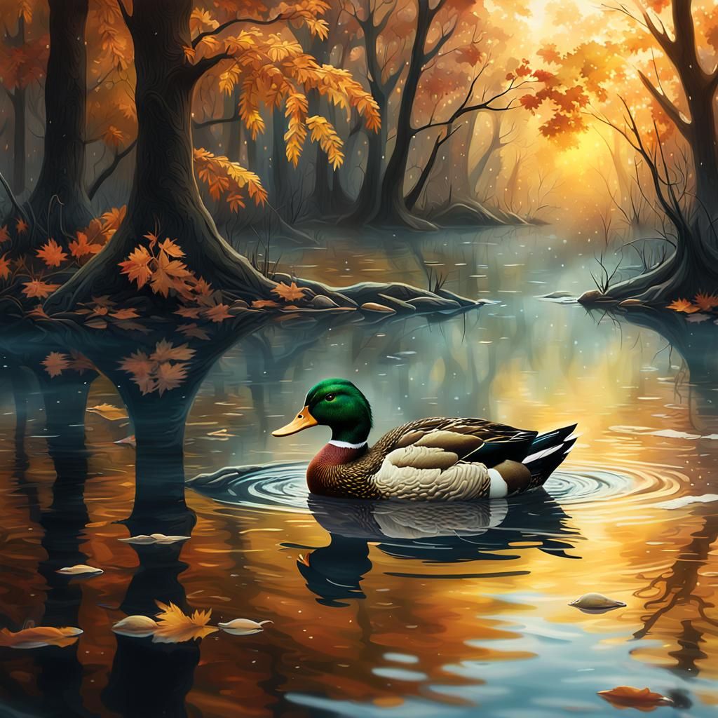 Duck on Woodland Lake: Fantasy Oil Painting