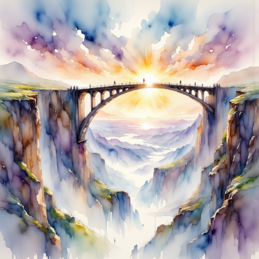 Fantasy Bridge Over Chasm in Watercolor Style