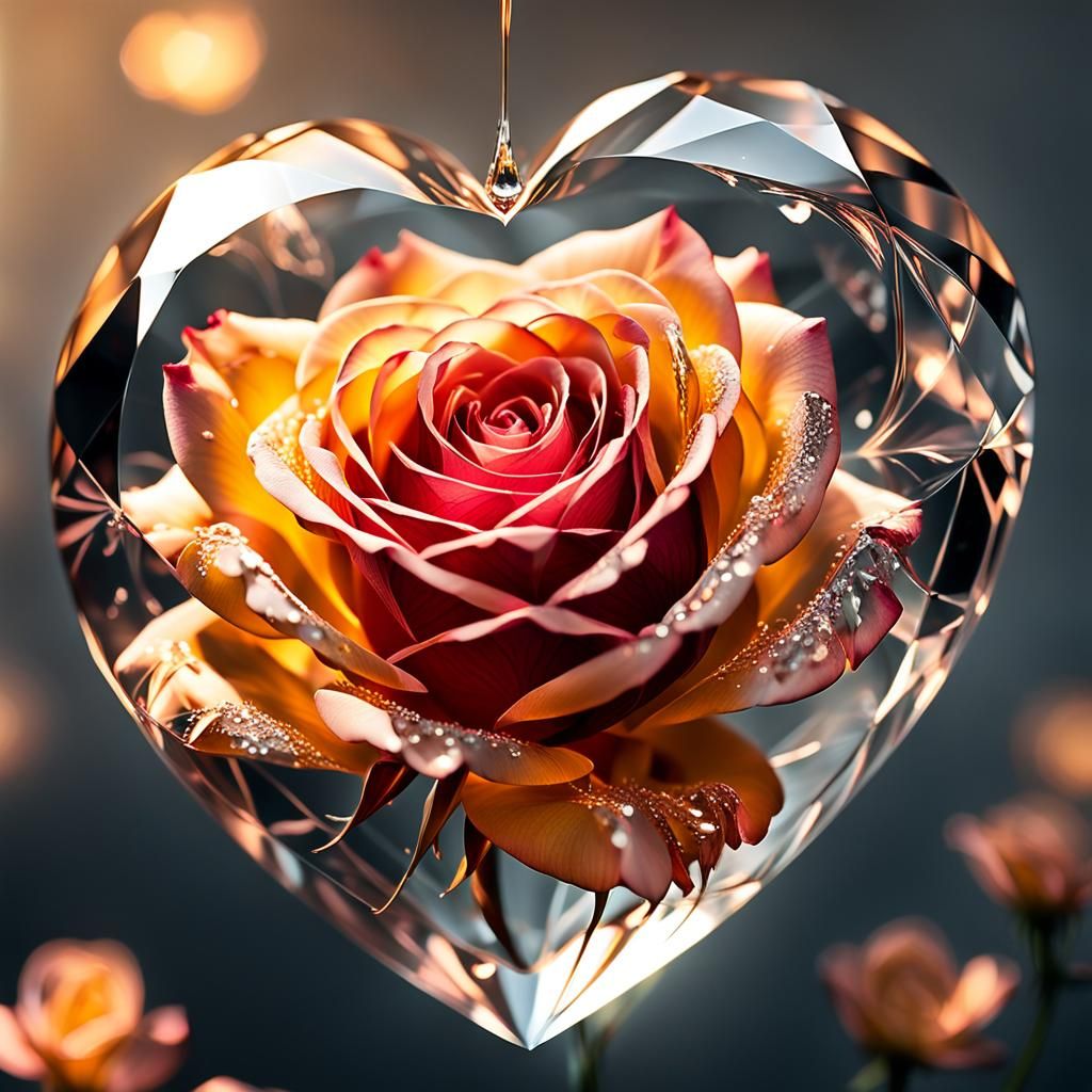 Rose in Crystal Heart: Hyper-Realistic Macro Photography