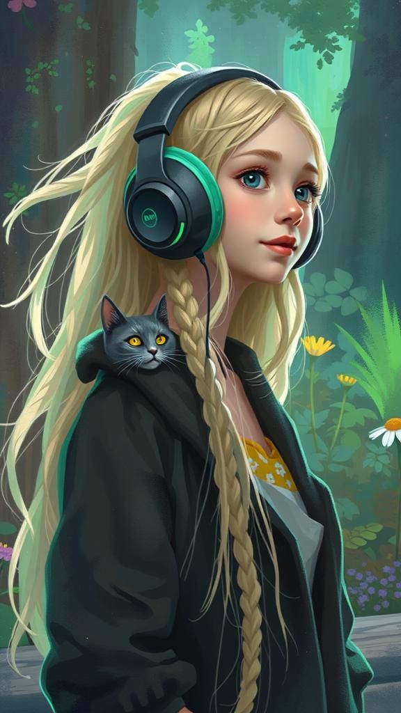 Girl and Cat in Whimsical Garden