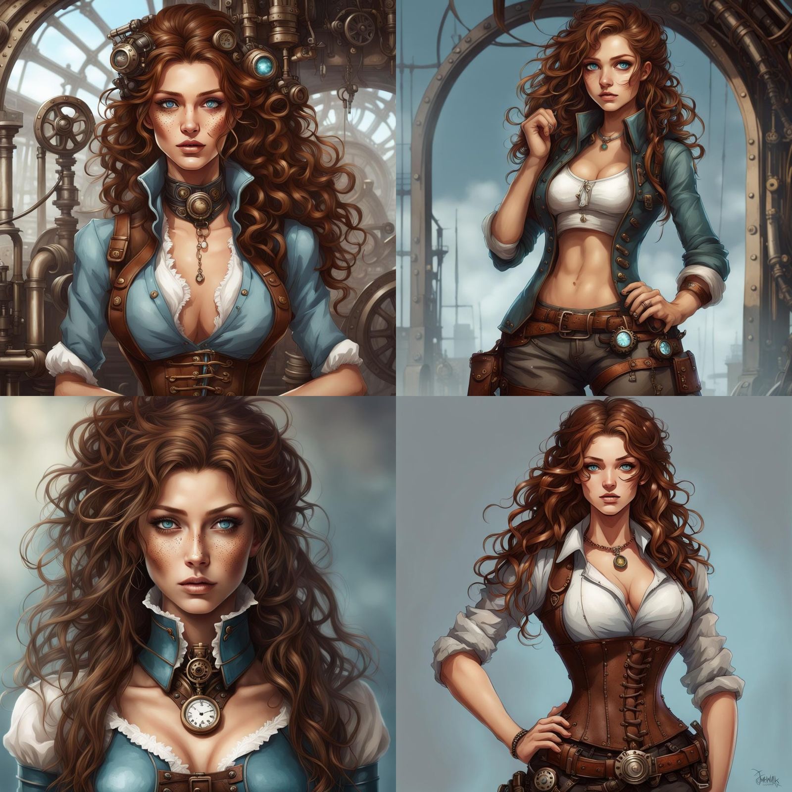 Steampunk Engine With Freckled Woman Portrait