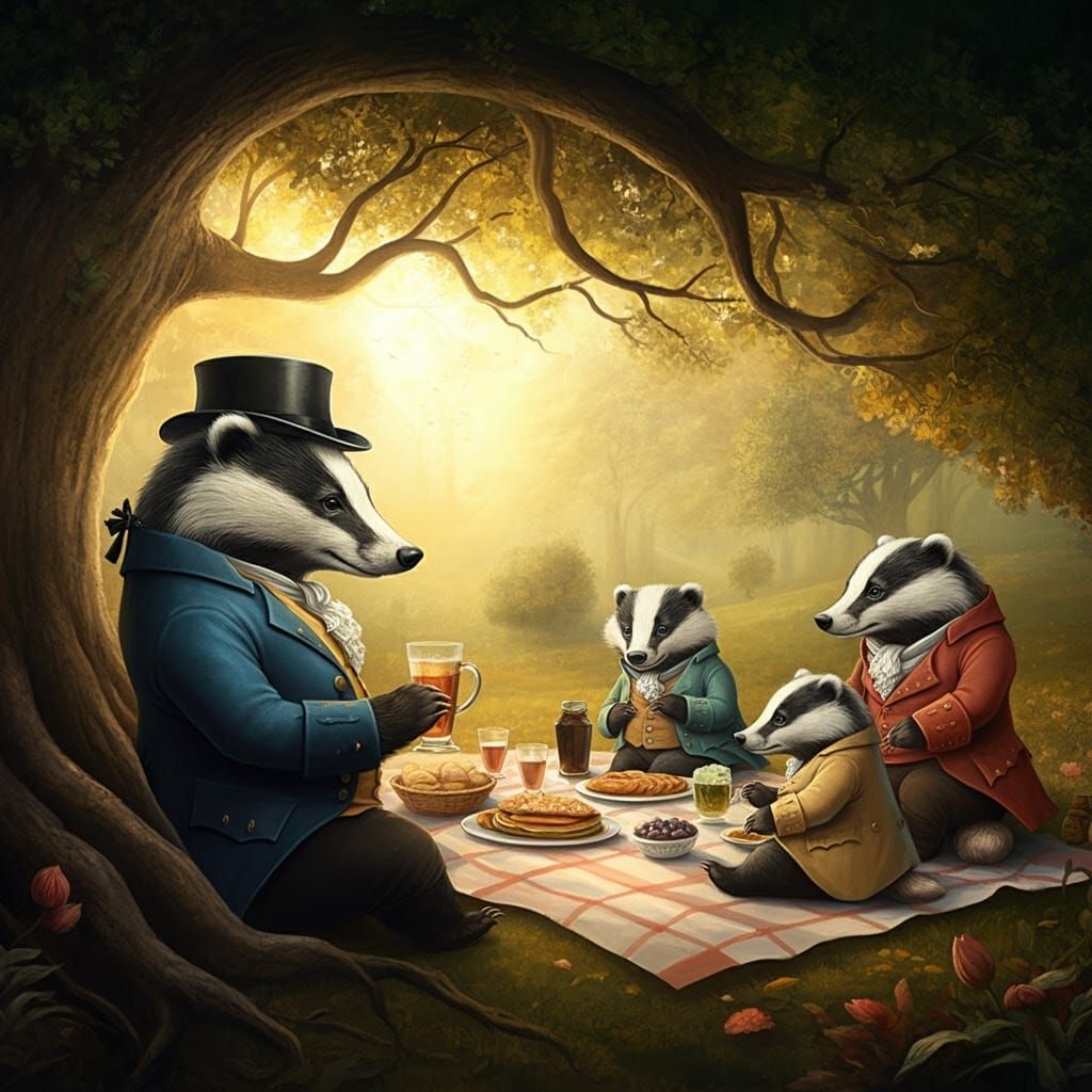 Anthropomorphic Badgers in 18th-Century Oil Painting Style