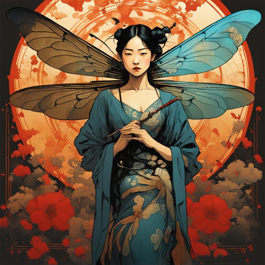 Dragonfly Woman Ink Art in Art Nouveau Style