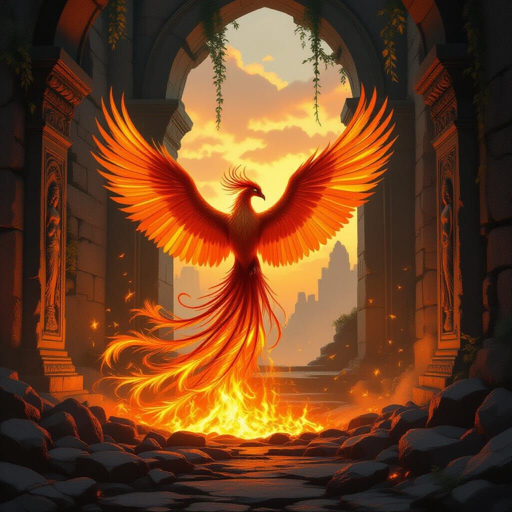 Majestic Phoenix Rises from Embers in Ancient Temple