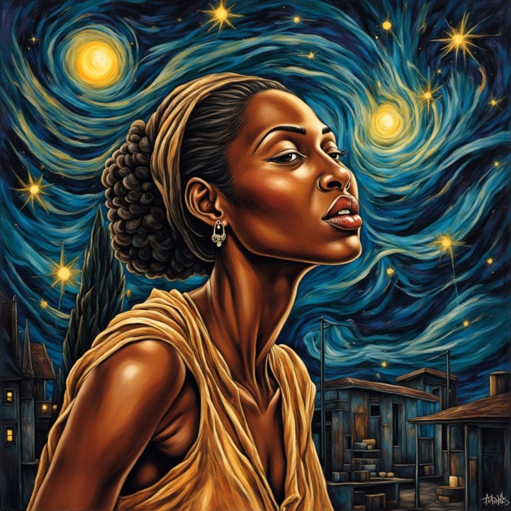 Luminous Portrait of a Black Woman in Swirling Night Style
