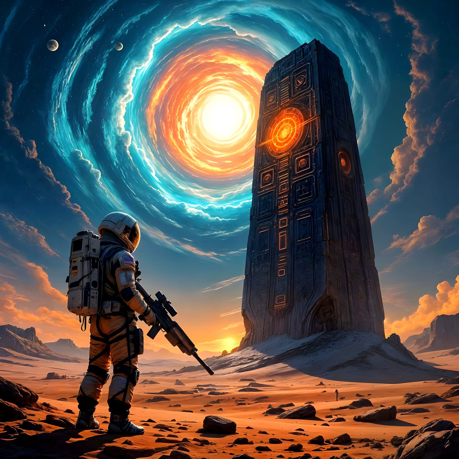 Astronaut and Ancient Monolith on Alien Planet