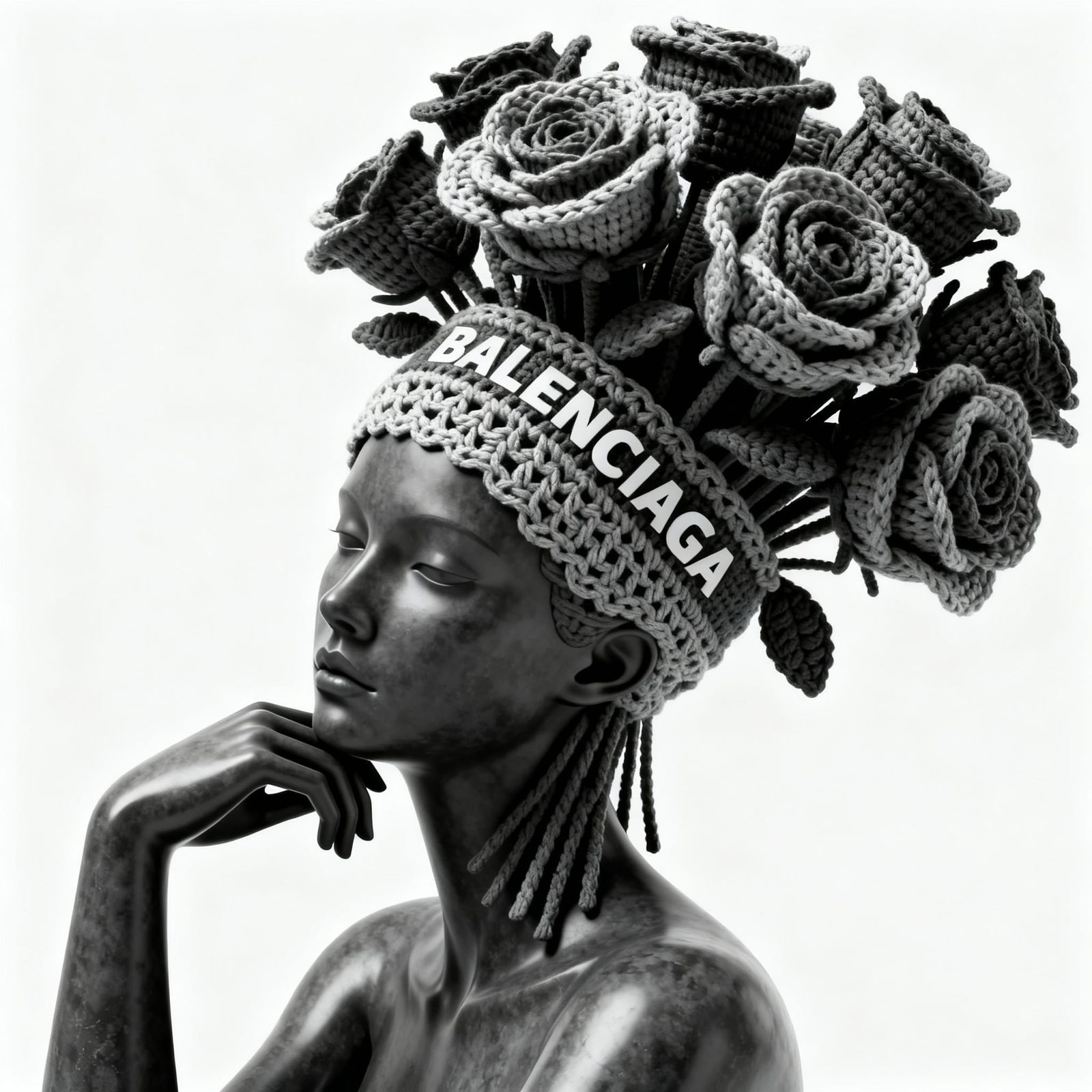 Monochrome Text Rose Sculpture in Balenciaga Style