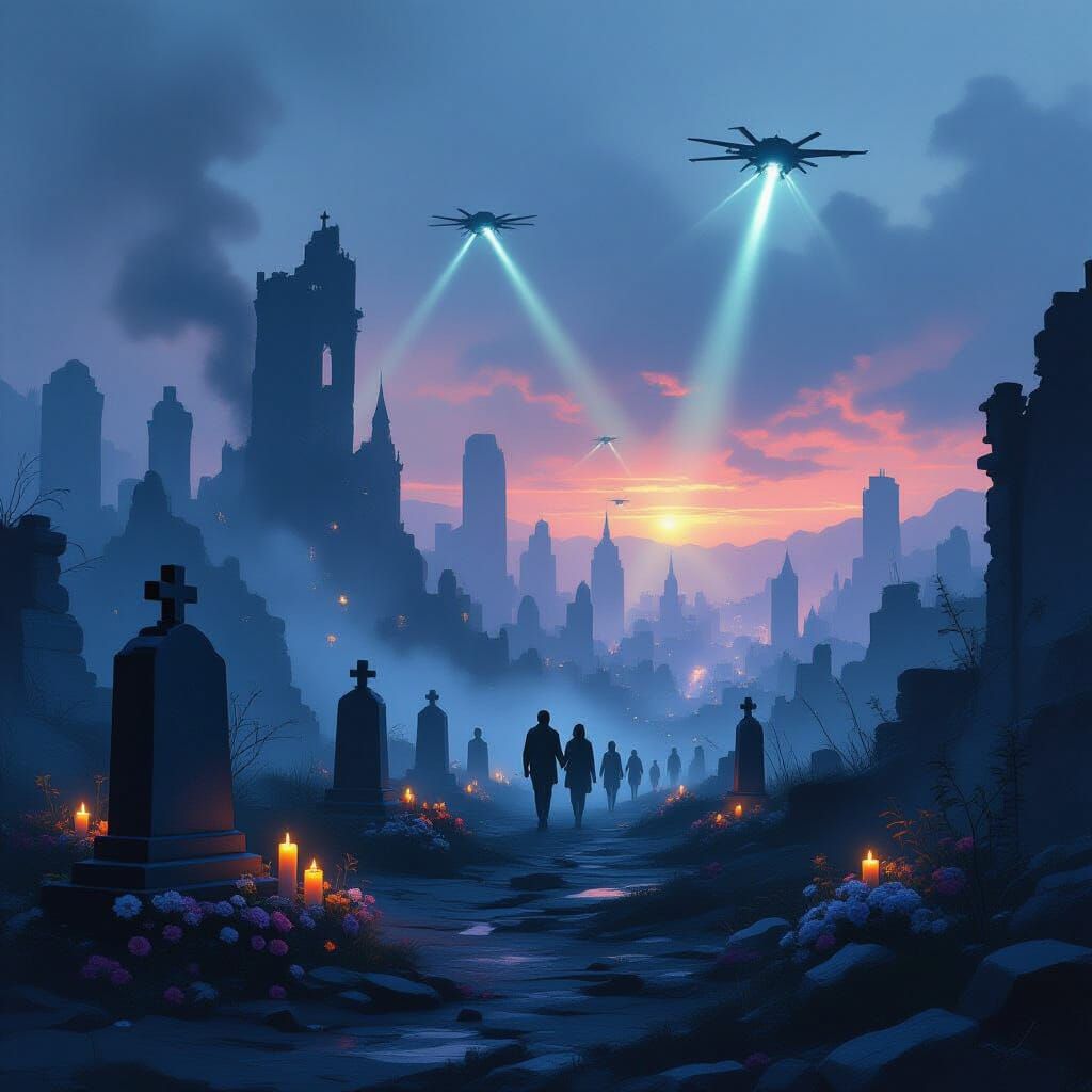 Cinematic Digital Painting of Ruined City with Hopeful Survi...