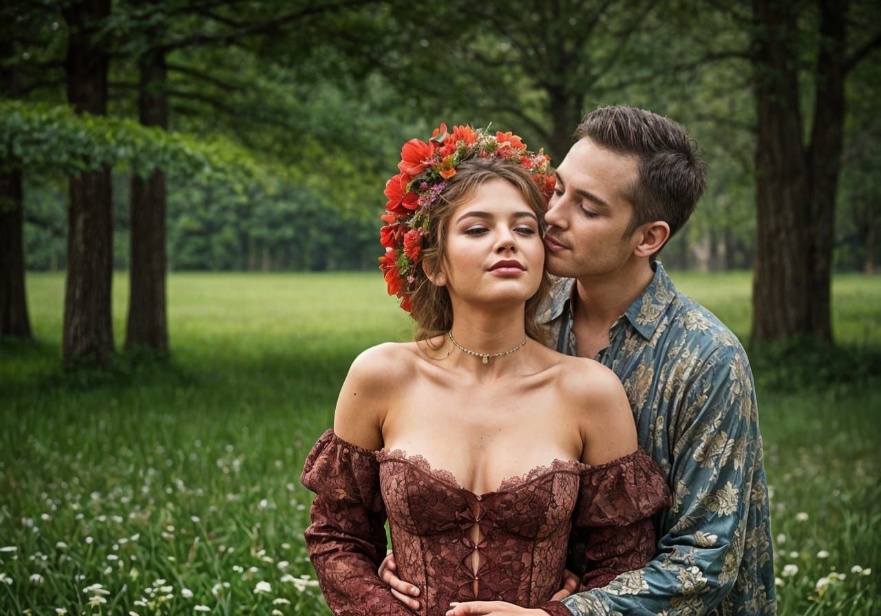 Passionate Kiss in Stormy Meadow, Cinematic Photography