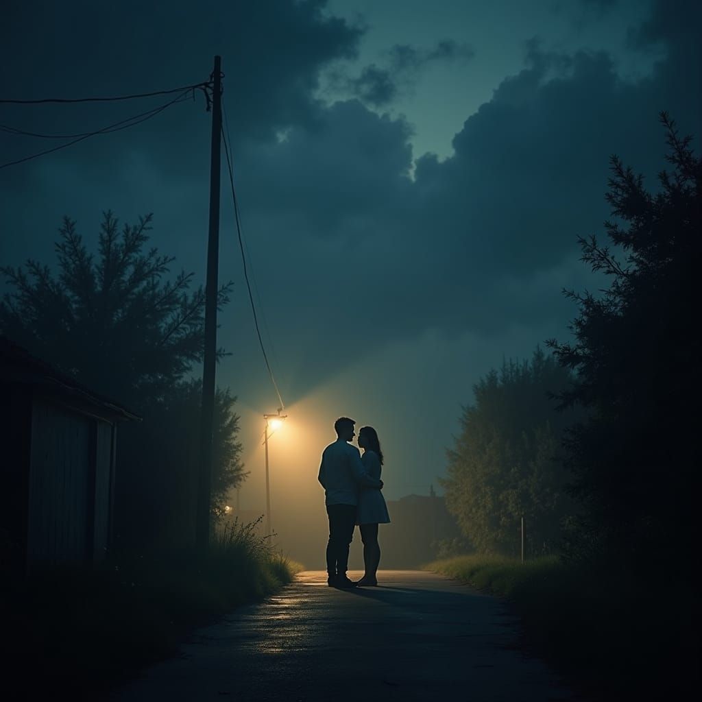 Couple Embracing Under Stormy Sky with Lighthouse