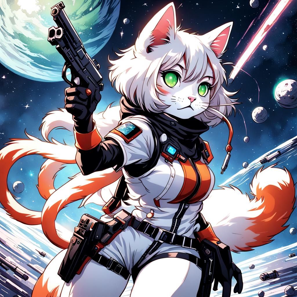 Anime Cat Girl Furry Gunslinger in Space