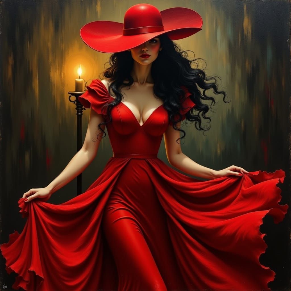 Mysterious Woman in Red Dress, Oil Painting Style