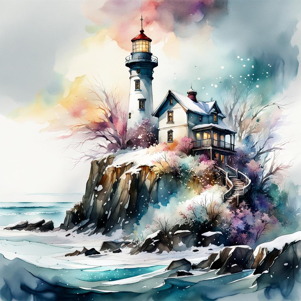 Winter Lighthouse: Digital Watercolor Illustration