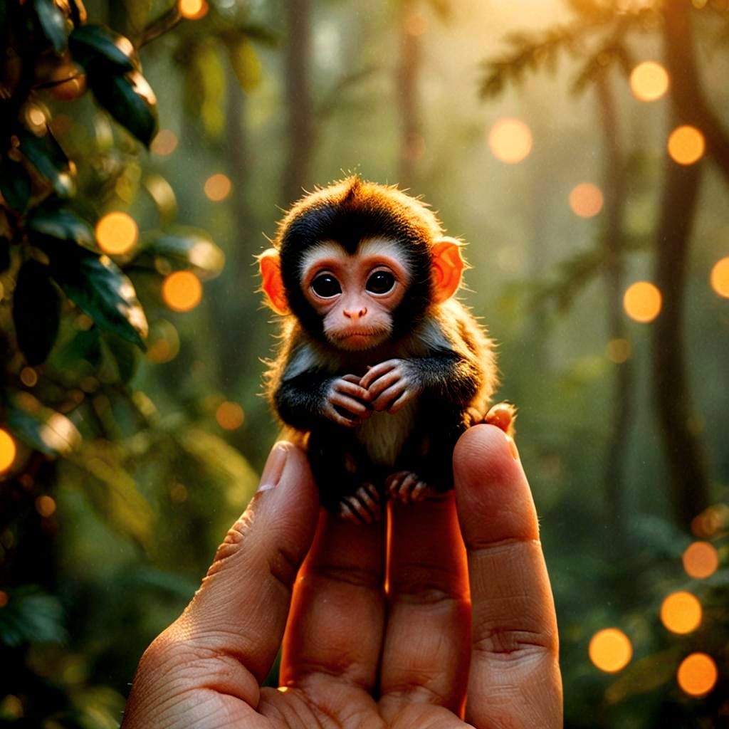 Adorable Finger Monkey on Human Finger: Hyperrealistic Detai...