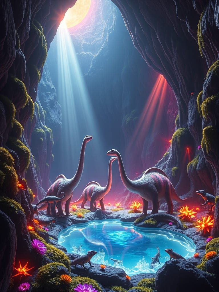 Majestic Radiant Diplodocus Family in Iridescent Cavern