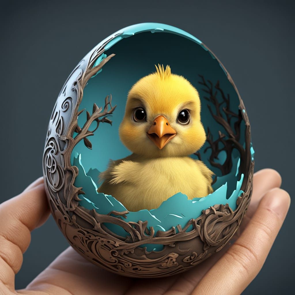 3D Digital Art Portrait: Chick Hatching From Egg